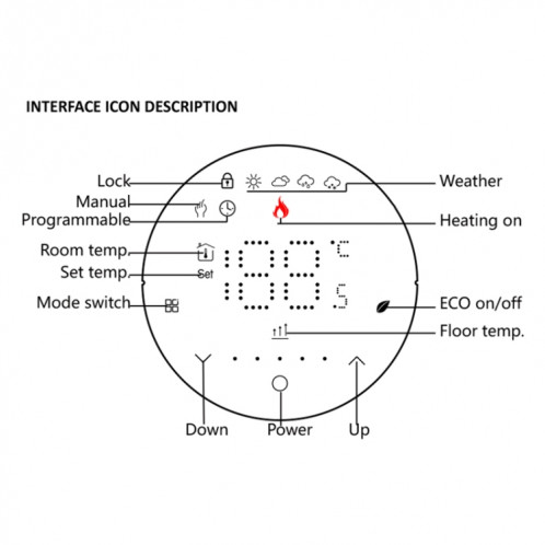 BHT-6001GCL 95-240V AC 5A Thermostat rond intelligent chaudière chauffage LED Thermostat sans WiFi (noir) SH202A1831-09