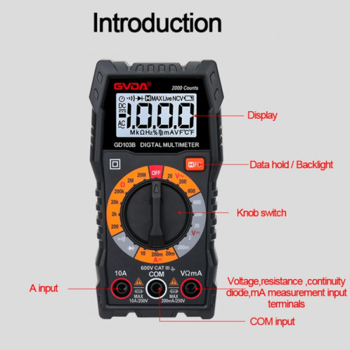 Multimètre numérique multifonction GVDA GD103B Voltmètre DMM SG9255127-08