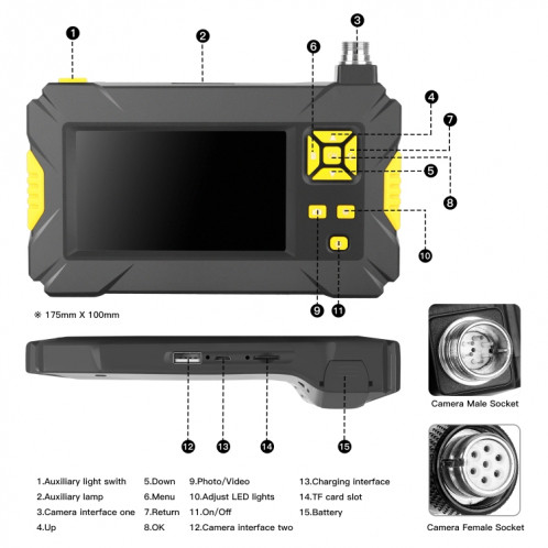 Endoscope numérique à double caméra P30 3,9 mm 1080P IP68 étanche à écran de 4,3 pouces, longueur: câble dur de 2 m (noir) SH201A81-011