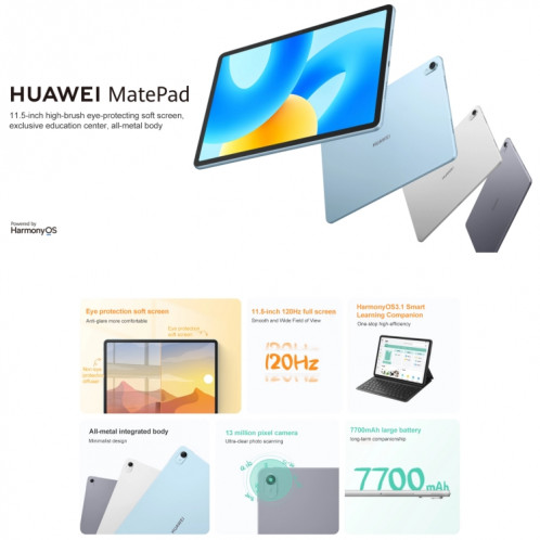 HUAWEI MatePad 11,5 pouces 2023 WIFI, écran diffus 8 Go + 128 Go, HarmonyOS 3.1 Qualcomm Snapdragon 7 Gen 1 Octa Core, ne prend pas en charge Google Play (bleu) SH303C1707-011