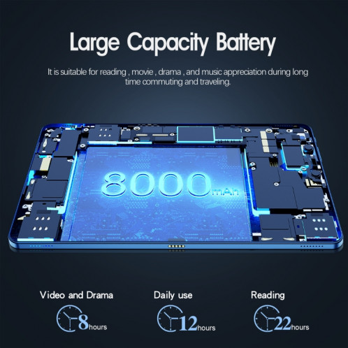 Tablette VASOUN M50 4G LTE, 16 Go + 256 Go, 10,4 pouces, processeur Android 11 UNISOC T618 Octa Core, version globale avec Google Play, prise US (bleu) SV101A1123-09