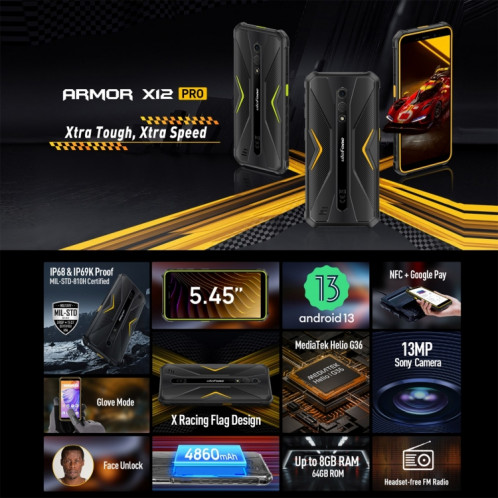  Ulefone Armor X12 Pro, 4 Go + 64 Go, téléphone robuste IP68/IP69K, 5,45 pouces Android 13 MediaTek Helio G36 Octa Core, réseau : 4G, NFC (tout noir) SU801C597-016