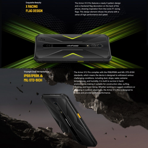  Ulefone Armor X12 Pro, 4 Go + 64 Go, téléphone robuste IP68/IP69K, 5,45 pouces Android 13 MediaTek Helio G36 Octa Core, réseau : 4G, NFC (moins vert) SU801B69-016