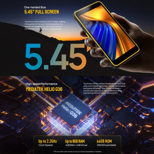  Ulefone Armor X12 Pro, 4 Go + 64 Go, téléphone robuste IP68/IP69K, 5,45 pouces Android 13 MediaTek Helio G36 Octa Core, réseau : 4G, NFC (tout noir) SU801C597-016