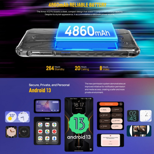  Ulefone Armor X12 Pro, 4 Go + 64 Go, téléphone robuste IP68/IP69K, 5,45 pouces Android 13 MediaTek Helio G36 Octa Core, réseau : 4G, NFC (moins vert) SU801B69-016