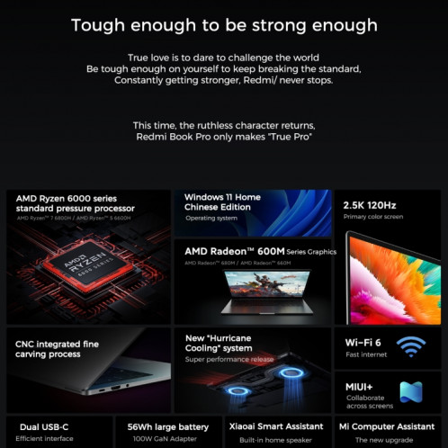 Ordinateur portable Xiaomi RedmiBook Pro 14 pouces, 16 Go + 512 Go, Windows 11 Home Version chinoise, AMD Ryzen 7 6800H Octa Core (Gris Starlight) SX201A1132-013