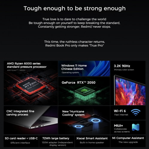 Ordinateur portable Xiaomi RedmiBook Pro 15 2022 15,6 pouces, 16 Go + 512 Go, Windows 11 Home Version chinoise, AMD Ryzen 7 6800H Octa Core RTX2050 Graphiques discrets (Gris Starlight) SX501A862-014