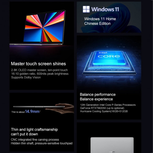 Ordinateur portable Xiaomi Book Pro 14 2022, 16 Go + 512 Go, écran tactile 14 pouces Windows 11 Home Version chinoise, Intel 12e génération Core i5-1240P Integrated Graphics (Gris) SX501A1456-021