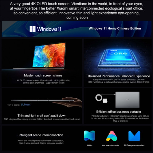 Ordinateur portable Xiaomi Book Pro 16 2022, 16 Go + 512 Go, écran tactile 16 pouces Windows 11 Home Version chinoise, Intel 12e génération Core i7-1260P RTX2050 Discrete Graphics (Gris) SX801A297-019