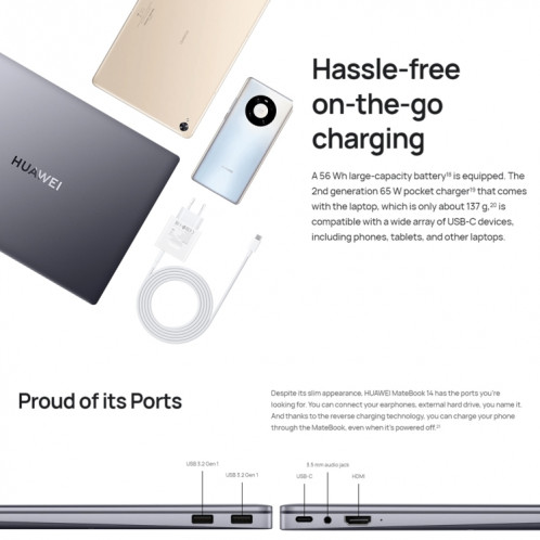 Ordinateur portable HUAWEI MateBook 14, 16 Go + 512 Go, écran tactile 14 pouces Windows 11 Home Version chinoise, Intel 12e génération Core i5-1240P Carte graphique intégrée (Gris) SH201A1013-019