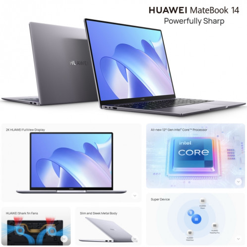 Ordinateur portable HUAWEI MateBook 14, 16 Go + 512 Go, écran tactile 14 pouces Windows 11 Home Version chinoise, Intel 12e génération Core i5-1240P Carte graphique intégrée (Gris) SH201A1013-019