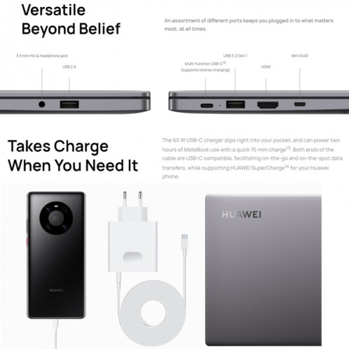 Ordinateur portable HUAWEI MateBook B3-420, 16 Go + 512 Go, 14 pouces Windows 11 Home Version chinoise, Intel 11th Gen Core i5-1135G7 Integrated Graphics (Gris foncé) SH001A751-019