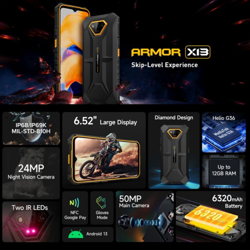  Ulefone Armor X13, 6 Go + 64 Go, téléphone robuste IP68/IP69K, 6,52 pouces Android 13 MediaTek Helio G36 Octa Core, réseau : 4G, NFC, OTG (tout noir) SU401B944-017