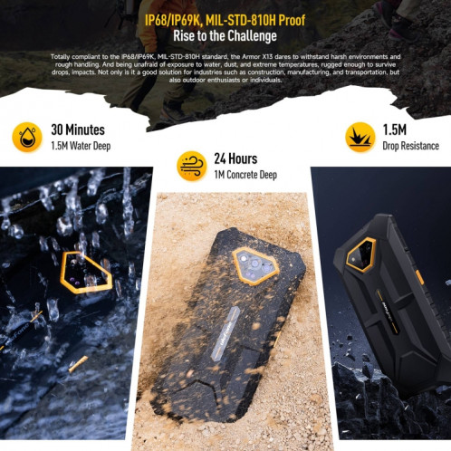  Ulefone Armor X13, 6 Go + 64 Go, téléphone robuste IP68/IP69K, 6,52 pouces Android 13 MediaTek Helio G36 Octa Core, réseau : 4G, NFC, OTG (tout noir) SU401B944-017