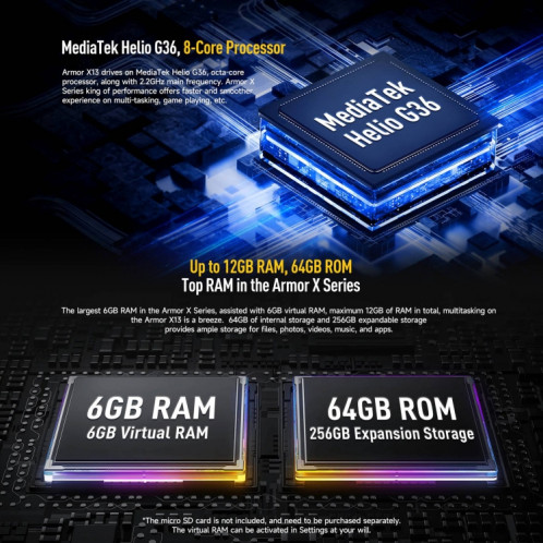  Ulefone Armor X13, 6 Go + 64 Go, téléphone robuste IP68/IP69K, 6,52 pouces Android 13 MediaTek Helio G36 Octa Core, réseau : 4G, NFC, OTG (tout noir) SU401B944-017
