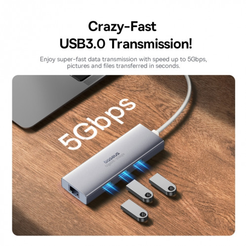 Baseus Portal Joy Series Adaptateur HUB 4 en 1 USB3.0x3+RJ45x1, Interface : USB-C / Type-C (Argent) SB801A789-08