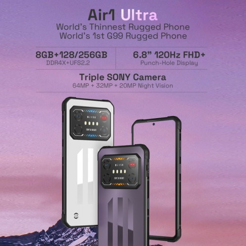 IIIF150 Air1 Ultra, double caméra arrière, 8 Go + 256 Go, identification des empreintes digitales de l'écran d'identification du visage, 6,8 pouces Android 12.0 MediaTek Helio G99 MT6789 Octa Core, NFC, OTG, réseau : SI401A975-020
