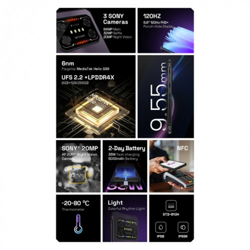 IIIF150 Air1 Ultra, double caméra arrière, 8 Go + 256 Go, identification des empreintes digitales de l'écran d'identification du visage, 6,8 pouces Android 12.0 MediaTek Helio G99 MT6789 Octa Core, NFC, OTG, réseau : SI401A975-020