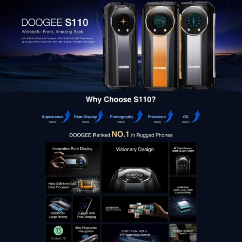  DOOGEE S110, 12 Go + 256 Go, IP68/IP69K/MIL-STD-810H, 6,58 pouces Android 13 MediaTek MT6789 Helio G99 Octa Core, Réseau : 4G, OTG (Argent) SD101C1575-020
