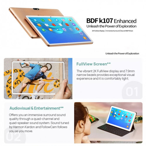 BDF K107 Tablette d'appel téléphonique 3G 10,1 pouces, 2 Go + 32 Go, Android 9.0 MTK6735 Quad Core, prise en charge double SIM, prise UE (or) SB401B1603-013