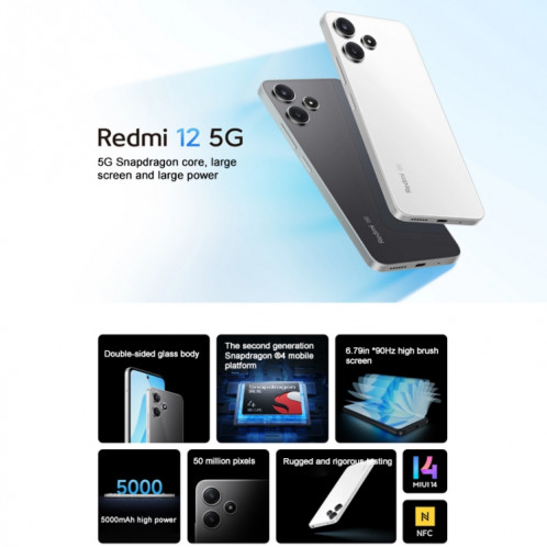 Xiaomi Redmi 12 5G, 8 Go + 256 Go, 6,79 pouces MIUI 14 Qualcomm Snapdragon 4 Gen2 Octa Core jusqu'à 2,2 GHz, réseau : 5G (blanc) SX403A1476-09