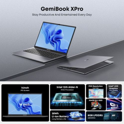 Ordinateur portable CHUWI GemiBook XPro 14,1 pouces, 8 Go + 256 Go, Windows 11 Intel Alder Lake-N N100 Quad Core SC0601760-016