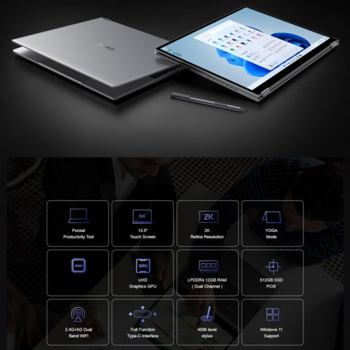 Ordinateur portable CHUWI FreeBook Yoga 13,5 pouces, 12 Go + 512 Go, Windows 11 Intel Alder Lake-N N100 Quad Core SC07011799-017
