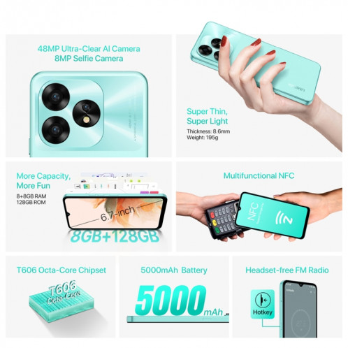  UMIDIGI A15C, 8 Go + 128 Go, identification faciale et identification par empreinte digitale latérale, 6,7 pouces Android 13 Unisoc T606 Octa Core, réseau : 4G, NFC, OTG (violet lavande) SU804E206-016