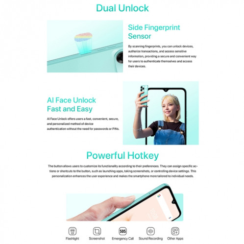  UMIDIGI A15C, 8 Go + 128 Go, identification faciale et identification par empreinte digitale latérale, 6,7 pouces Android 13 Unisoc T606 Octa Core, réseau : 4G, NFC, OTG (violet lavande) SU804E206-016