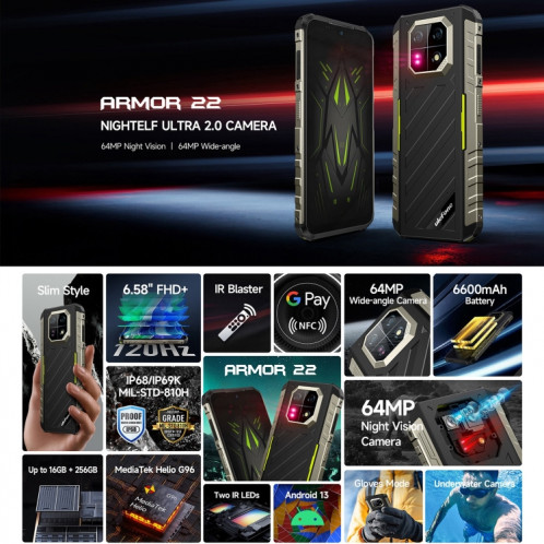  Ulefone Armor 22, 8 Go + 256 Go, téléphone robuste IP68/IP69K, 6,58 pouces Android 13 MediaTek Helio G96 Octa Core, réseau : 4G, NFC, OTG (certains verts) SU102A673-012