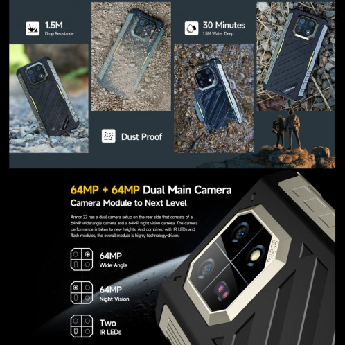  Ulefone Armor 22, 8 Go + 128 Go, téléphone robuste IP68/IP69K, 6,58 pouces Android 13 MediaTek Helio G96 Octa Core, réseau : 4G, NFC, OTG (tout noir) SU101B24-012