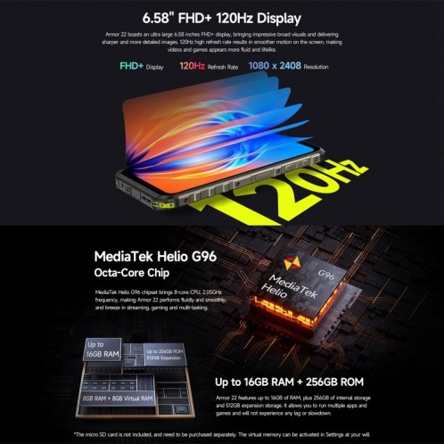  Ulefone Armor 22, 8 Go + 128 Go, téléphone robuste IP68/IP69K, 6,58 pouces Android 13 MediaTek Helio G96 Octa Core, réseau : 4G, NFC, OTG (tout noir) SU101B24-012