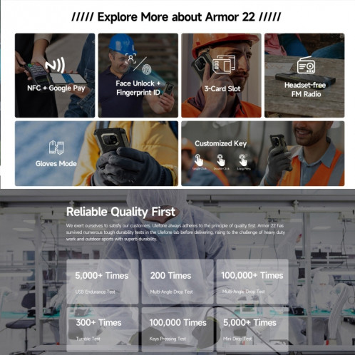  Ulefone Armor 22, 8 Go + 128 Go, téléphone robuste IP68/IP69K, 6,58 pouces Android 13 MediaTek Helio G96 Octa Core, réseau : 4G, NFC, OTG (tout noir) SU101B24-012