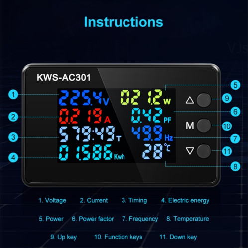 Voltmètre de courant numérique KWS-AC301L-20A 50-300 V AC avec communication 485 (noir) SH001A37-010