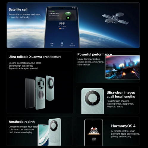 HUAWEI Mate 60 Pro, 12 Go + 1 To, identification par empreinte digitale à l'écran, 6,69 pouces HarmonyOS 4.0 Kirin 9000S Octa Core jusqu'à 2,62 GHz, NFC, OTG, ne prend pas en charge Google Play (noir) SH302C1312-015
