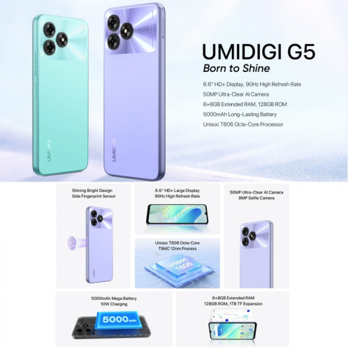  UMIDIGI G5, 8 Go + 128 Go, identification faciale et identification par empreinte digitale latérale, 6,6 pouces Android 13 Unisoc T606 Octa Core, réseau : 4G (gris sidéral) SU501E465-013
