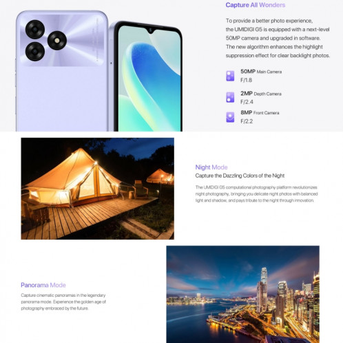  UMIDIGI G5, 8 Go + 128 Go, identification faciale et identification par empreinte digitale latérale, 6,6 pouces Android 13 Unisoc T606 Octa Core, réseau : 4G (gris sidéral) SU501E465-013
