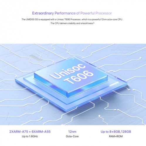  UMIDIGI G5, 8 Go + 128 Go, identification faciale et identification par empreinte digitale latérale, 6,6 pouces Android 13 Unisoc T606 Octa Core, réseau : 4G (gris sidéral) SU501E465-013