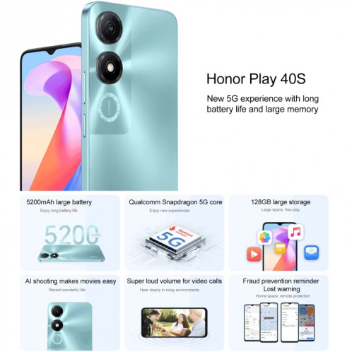 Honor Play 40S 5G, 4 Go + 128 Go, 6,56 pouces MagicOS 7.1 Snapdragon 480 Plus Octa Core jusqu'à 2,2 GHz, réseau : 5G, ne prend pas en charge Google Play (encre vert jade) SH701A447-010