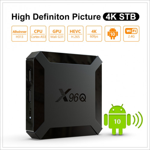 X96Q HD 4K Boîte de télévision intelligente sans montage mural, Android 10,0, ALLWINNER H313 ALLWINNER H313 ARM CORRET CORTEX A53, SUPPORT TF CARTE, HDMI, RJ45, AV, USBX2, SPÉCIFICATION: 1GB + 8 Go SH55011774-014