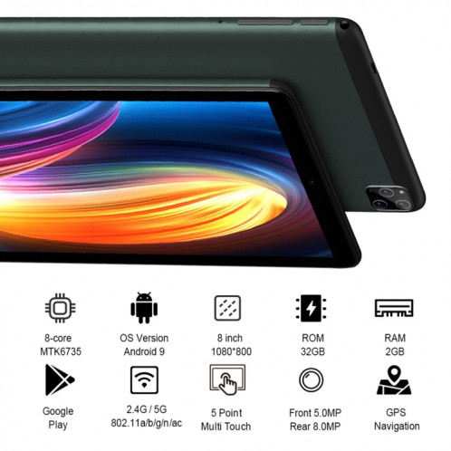 BDF P8 3G Tablette PC d'appel téléphonique 8,0 pouces, 2 Go + 32 Go, Android 9.0 MTK6735 Octa Core, prise en charge double SIM, prise UE (gris) SB801B1366-011