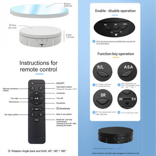 Présentoir rotatif électrique miroir de 22cm, accessoires de tournage vidéo en direct, plateau tournant avec télécommande (noir) SH202A128-05