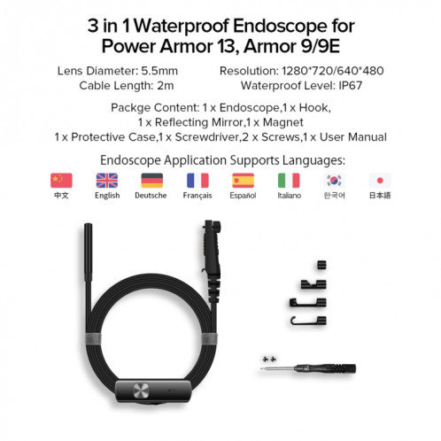 Endoscope Ulefone E1 IP67 Endoscope 3 en 1 étanche pour Ulefone Power Armor 13 / Armor 9/9E (noir) SU001A646-010