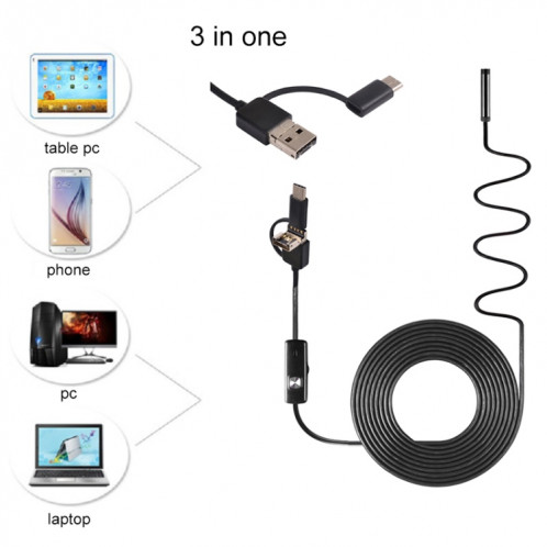 AN100 3 en 1 IP67 étanche USB-C / Type-C + Micro USB + USB HD Endoscope Caméra d'inspection à tube dur pour pièces de téléphone portable Android à fonction OTG, avec 6 LED, diamètre de l'objectif: 8 mm (longueur: SH003A1386-08