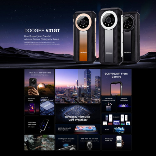  DOOGEE V31 GT, 12 Go + 256 Go, caméra d'imagerie thermique, empreinte digitale latérale, batterie 10800 mAh, 6,58 pouces Android 13 Dimensity 1080 Octa Core, réseau : 5G, OTG, NFC, prise en charge SD501A920-025