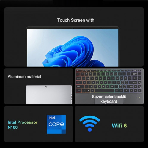 Tablette PC W14 14,1 pouces 2 en 1, 16 Go + 256 Go, Windows 11 Intel Alder Lake N100 Quad Core, avec étui en cuir pour clavier SP58011833-014