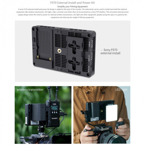 FEELWORLD F5 ProX 5,5 pouces 1600nit écran tactile haute luminosité DSLR caméra moniteur de terrain 4K HDMI F970 Kit d'installation et d'alimentation (noir) SF701A1370-016