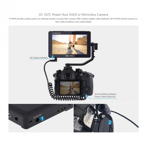 FEELWORLD F5 ProX 5,5 pouces 1600nit écran tactile haute luminosité DSLR caméra moniteur de terrain 4K HDMI F970 Kit d'installation et d'alimentation (noir) SF701A1370-016