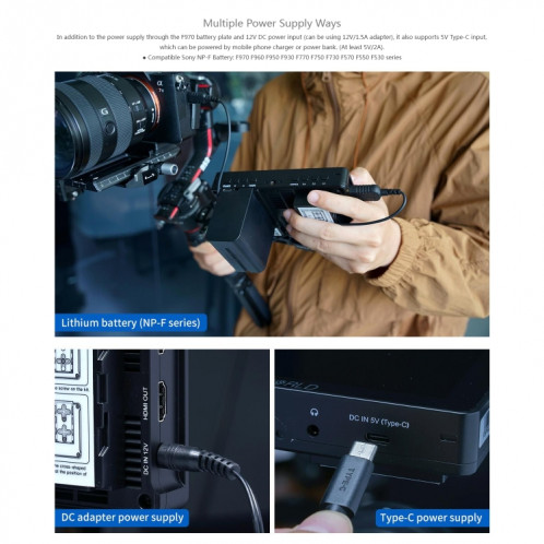 FEELWORLD F5 ProX 5,5 pouces 1600nit écran tactile haute luminosité DSLR caméra moniteur de terrain 4K HDMI F970 Kit d'installation et d'alimentation (noir) SF701A1370-016