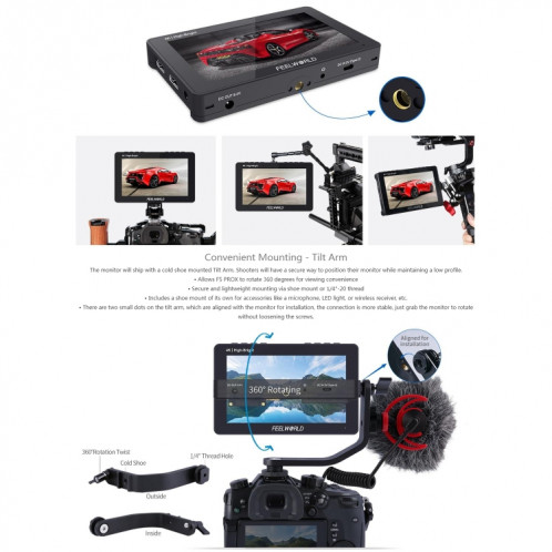 FEELWORLD F5 ProX 5,5 pouces 1600nit écran tactile haute luminosité DSLR caméra moniteur de terrain 4K HDMI F970 Kit d'installation et d'alimentation (noir) SF701A1370-016